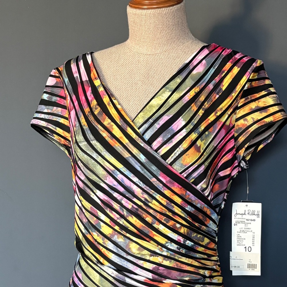 New with Tags - Joseph Ribkoff Floral Stripe Ruched Sheath Dress | Sz 10 |